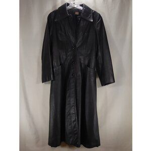 Women's Vintage 70s 80s Long Black Leather Trench Coat Overcoat Flared Bottom S